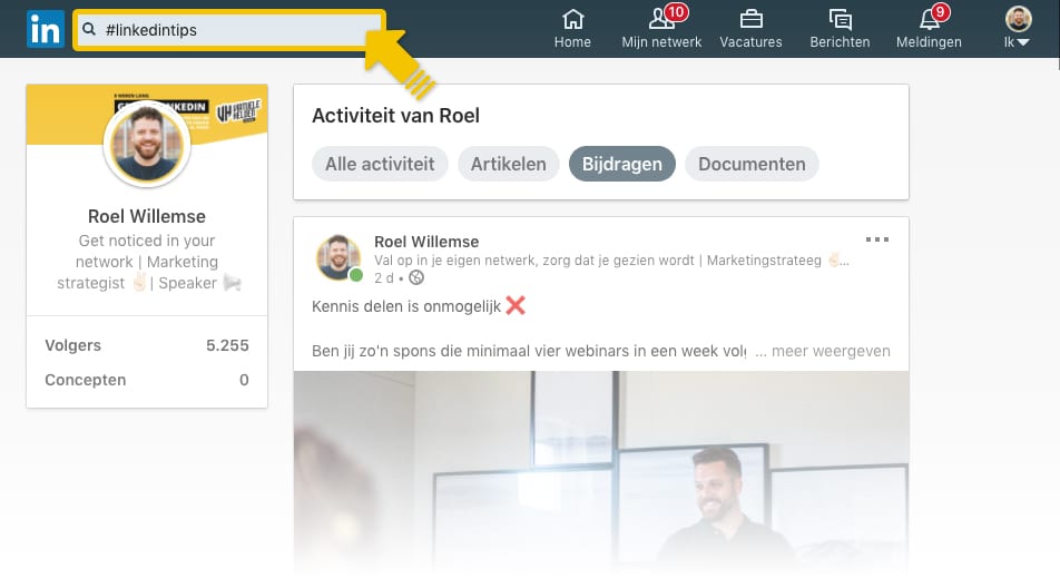 Hashtags vind je op Linkedin in de bovenste balk